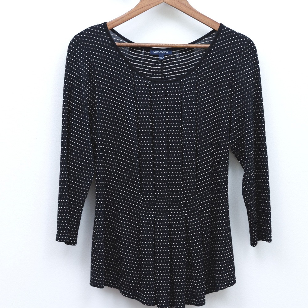 Max Edition Black White Polka Dot Pleated Peplum Top 3/4 Sleeve Large